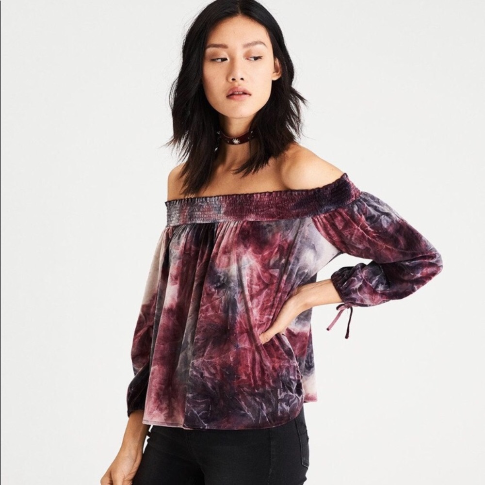 American Eagle Blouse Tie Dye Velvet Off-Shoulder